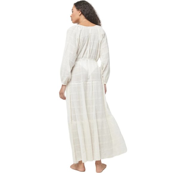 L*Space Button Up Duster Maxi Dress Semi-Sheer Beach Cover Up in Cream Plaid - Picture 3 of 7